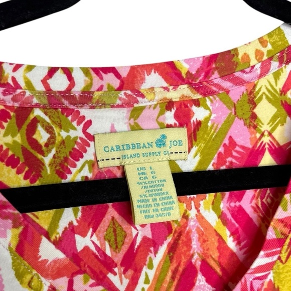 Caribbean Joe Women's Tropical Multicolor print Collared Vneck Short Sleeve L - Picture 2 of 8